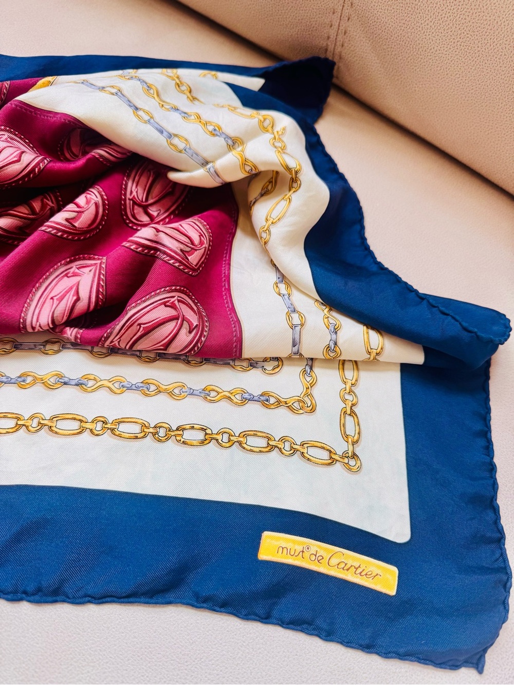 Vintage Must de Cartier Silk Scarf Equestrian Bridles gold navy cream burgundy